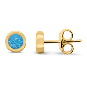 Solitaire Bezel Stud Earrings Round Yellow Tone, Lab Created Blue Opal 925 Sterling Silver(0.25mm)